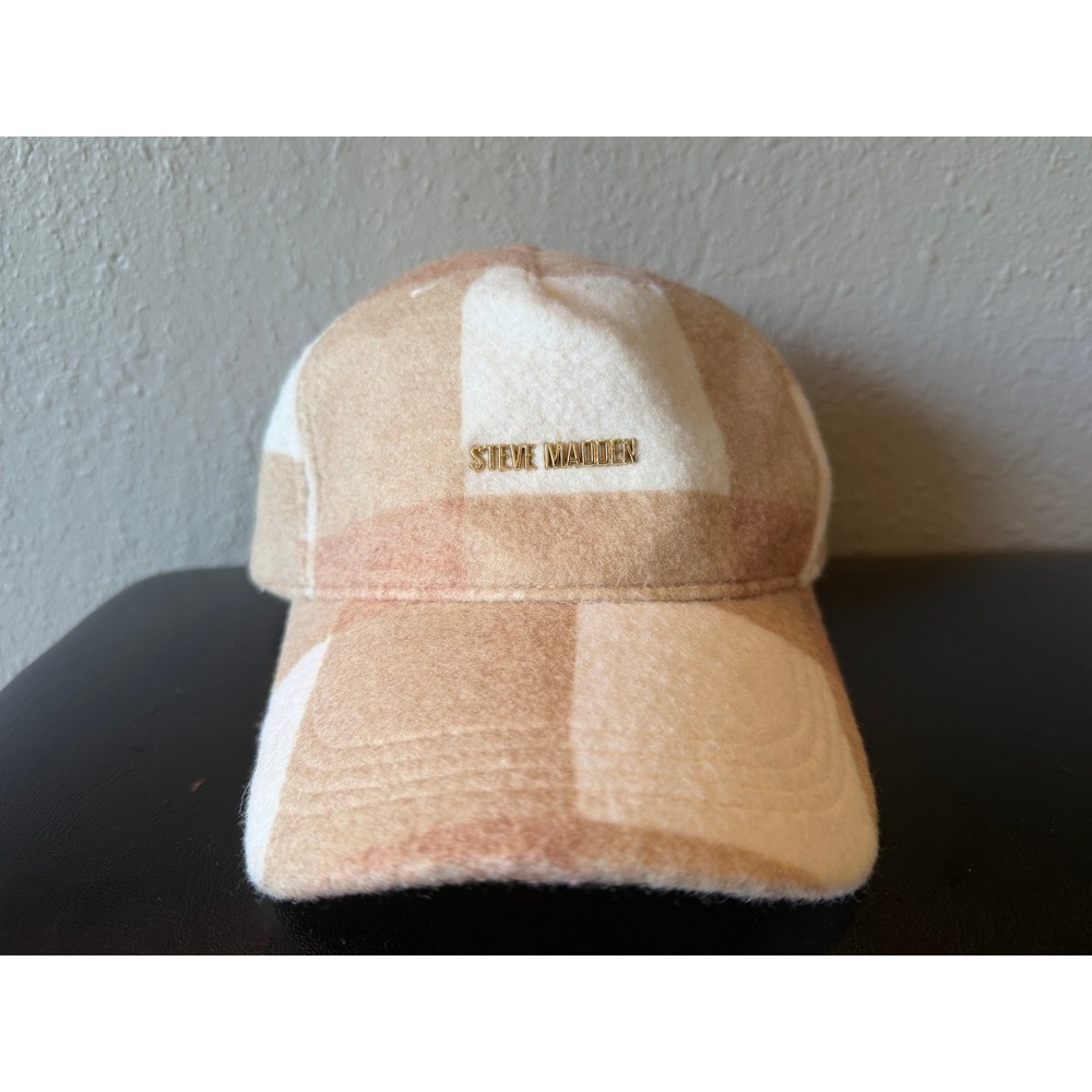 Steve Madden Beige Plaid Wool Blend Baseball Cap Hat Adjustable Womens
